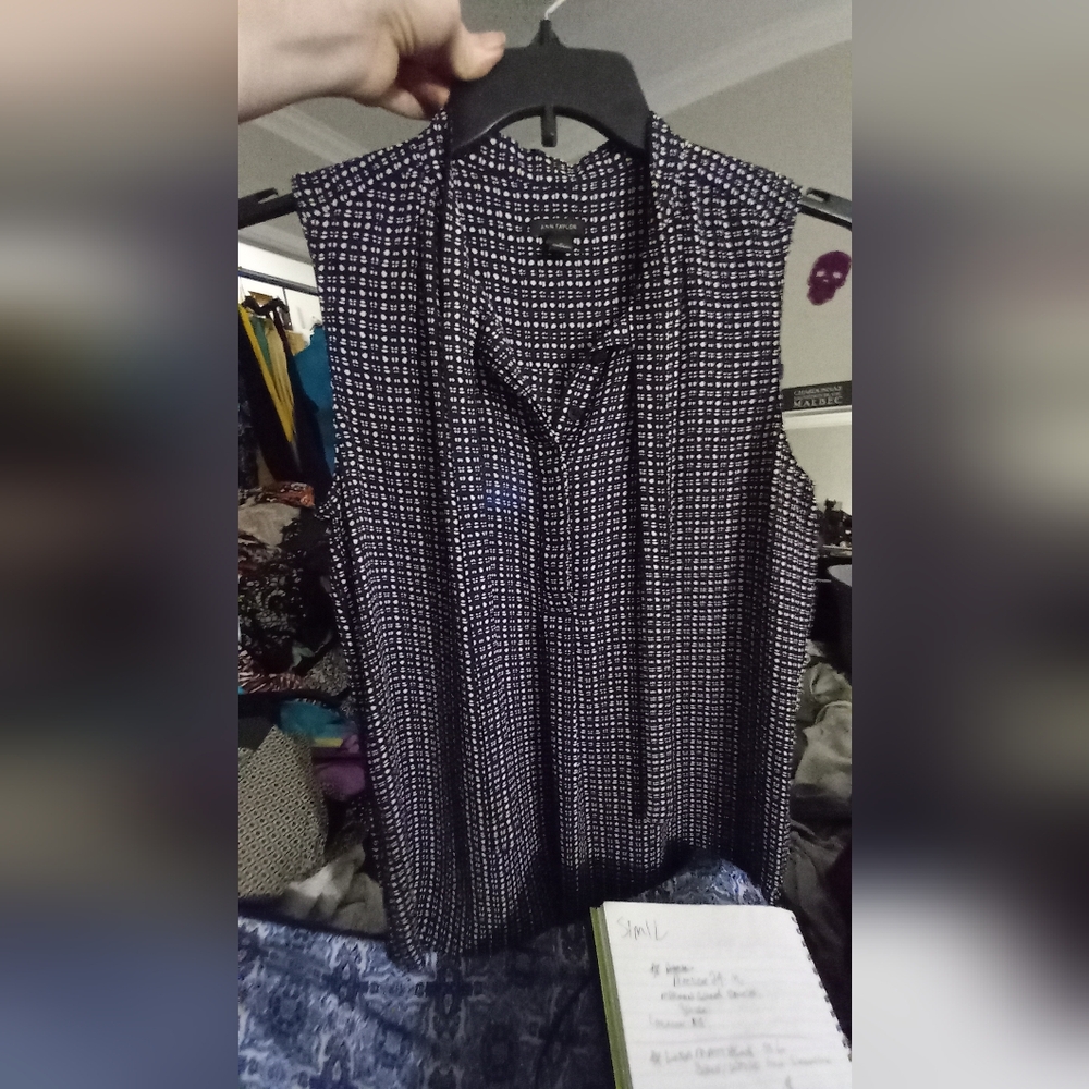 Ann Taylor Sleeveless, Small tie neck, navy blue and white polka dot blouse